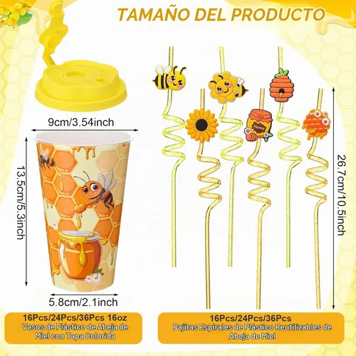 Vista 2 de Yungyan 16 juegos de tazas de golosinas con tapas y pajitas para decoraciones de cumpleaños, reutilizables, 16 onzas, vasos de plástico para dulces