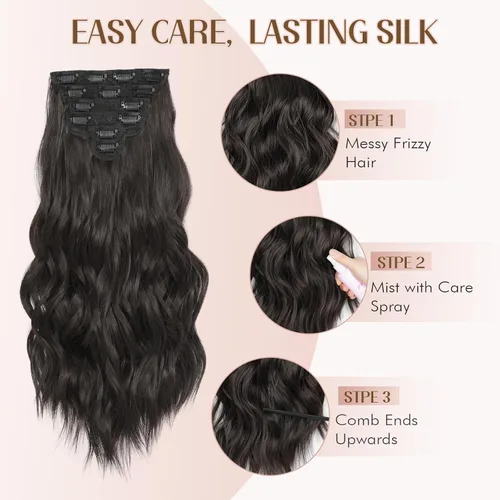 Vista 7 de Extensiones de cabello con clip para mujer, mezcla negra oscura con reflejos marrón claro, 20 pulgadas, 6 piezas, extensiones de cabello largo