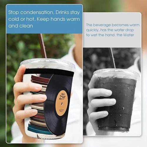 Vista 5 de Vinyl Records And Tapes Reusable Insulated Neoprene Iced Coffee Cup Sleeves 3 Sizes Diving Material Cup Durable Beverage Covers for Cold Coffee Tea