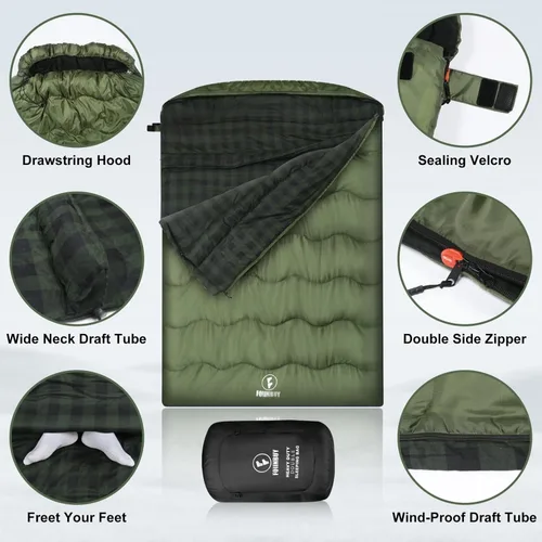 Vista 7 de Saco de dormir doble de franela de 0 grados para adultos, parejas o familia, tamaño Queen de invierno, impermeable y cálido, saco de dormir para 2