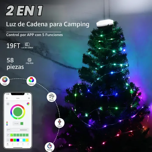 Vista 2 de DIBMS Paquete de 1 Cadena de Luces LED para Acampar con Control por App, 19 pies, recargable, multicolor, impermeable, luz colgante para acampar al