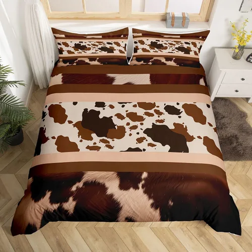 Vista 25 de Erosebridal Funda de edredón de piel de vaca marrón con estampado de vaca de las tierras altas, juego de ropa de cama occidental exótico azteca