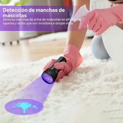 Vista 3 de Linterna de luz ultravioleta de luz negra, 21 LED de 395 nm, mini detector de orina de mascotas para perros y gatos, manchas secas, curado