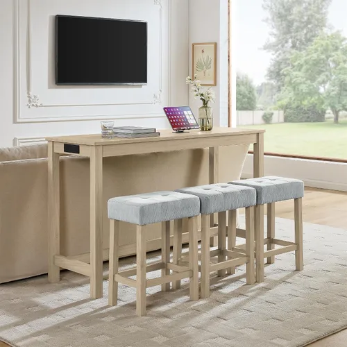 Vista 9 de Knocbel Juego de mesa de bar rectangular de altura de mostrador industrial para 3 personas con toma de corriente, juego de comedor de 4 piezas