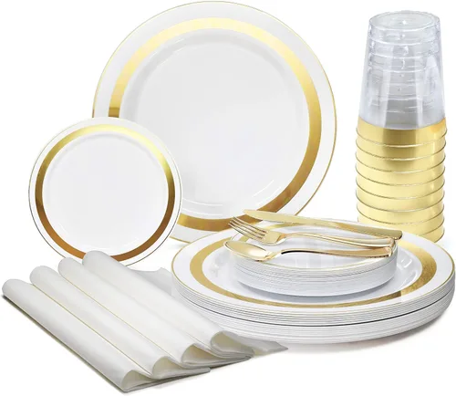 Vista 7 de Occasions" - Juego de 125 piezas (25 invitados) - Platos y cubiertos de plástico para boda, vajilla pesada desechable de 10.5 pulgadas, 6.25
