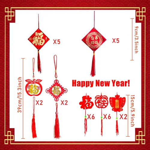 Vista 3 de Decoraciones de año nuevo chino, colgante de nudo chino, adornos colgantes rojos, colgantes Lucky Fu para Año Nuevo, árbol para el hogar, adornos