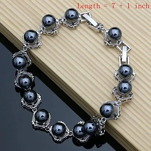 Vista 2 de Black Pearls - Juego de joyas de plata 925 para mujer, cuentas de perlas de lujo, pulsera, diseño de línea, aretes, collar de anillo para regalo
