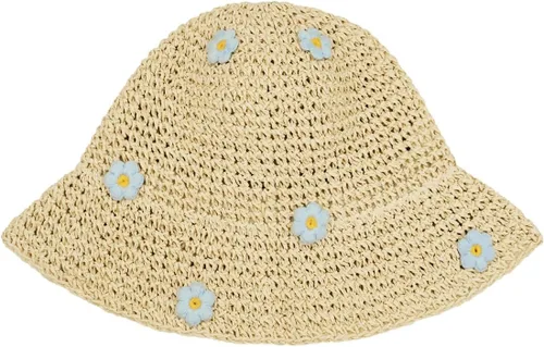 Vista 2 de Sombrero de paja para mujer, sombrero de playa plegable, sombrero de ala ancha, Flor beige-azul