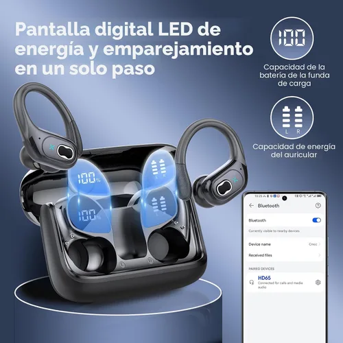 Vista 6 de Auriculares inalámbricos Bluetooth 5.4 de 75 horas para deporte, auriculares Bluetooth 2025 estéreo con graves profundos sobre la oreja con ganchos