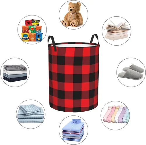 Vista 6 de Cesta circular con estampado de cuadros de búfalo impermeable, cesta organizadora de lavandería, con asas, para ropa, juguetes, pequeña