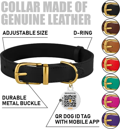 Vista 2 de BRONZEDOG Collar de cuero para perro con etiqueta de identificación QR, collares básicos para mascotas pequeños mini, gatos, cachorros
