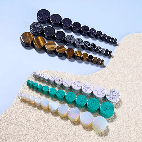 Vista 4 de Qmcandy - Juego de 6 pares / 16 pares de dilatadores para las orejas, de piedra mixta, expansores, conjunto de perforación corporal calibre 8G a 3/4