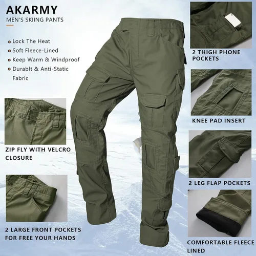 Vista 4 de AKARMY Pantalones de senderismo con forro polar para hombre, pantalones tácticos tipo cargo, pantalones de esquí de nieve, pantalones gruesos