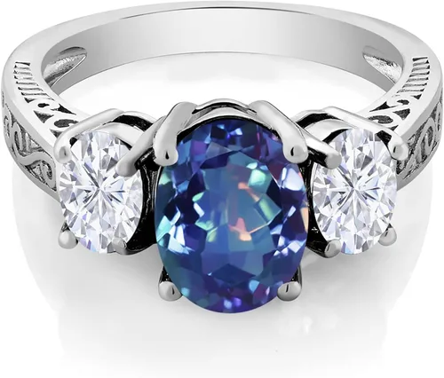 Vista 2 de Anillo ovalado de plata de ley 925 de 3 piedras de cuarzo místico azul milenio y piedra gema, tamaño King moissanita (2.80 quilates), Metal Gema