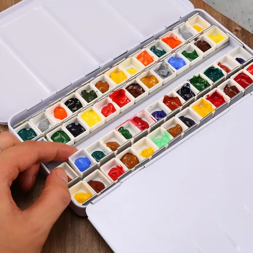 Vista 5 de MYARTOOL Paleta de Acuarela Vacía, Estuche de Pintura de Paleta de Lata de Acuarela Vacía con 48 Medias Bandejas de Acuarela para Paleta de Acuarela
