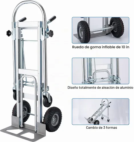 Vista 2 de LEADALLWAY Camión de mano convertible de aluminio 3 en 1, carrito dolly plegable de servicio pesado, ruedas neumáticas y sólidas para mudanza
