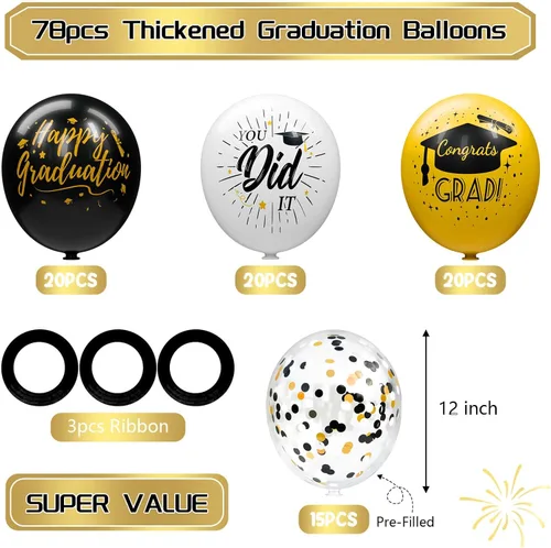 Vista 3 de Paquete de 78 globos de graduación 2026, decoraciones de graduación, globos de graduación de 12 pulgadas de oro negro con cintas para decoraciones