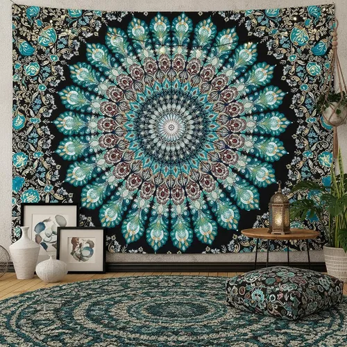 Vista 17 de Accnicc Tapiz bohemio con mandala floral para dormitorio, tapiz de pared con flores bohemias, pequeño, acuarela, azul, blanco, hippie, indio