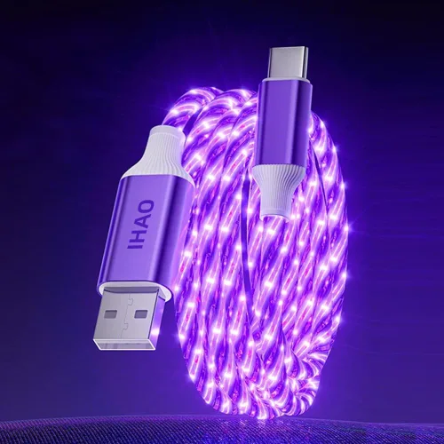Vista 10 de IHAO Cable de carga multipuerto, 3 combinaciones en un cable USB A a USB C/Micro USB PD, cable de carga rápida iluminado LED que fluye compatible