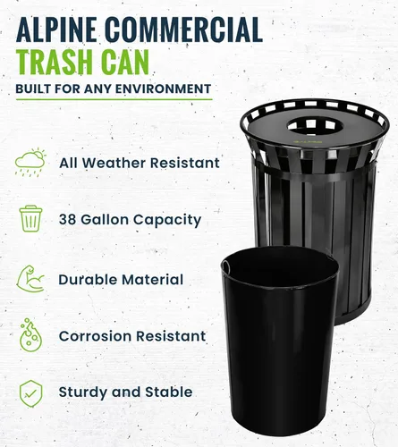 Vista 2 de Alpine Bote de basura comercial al aire libre de 38 galones, con tapa y forro de acero resistente a todo tipo de clima, resistente a la intemperie