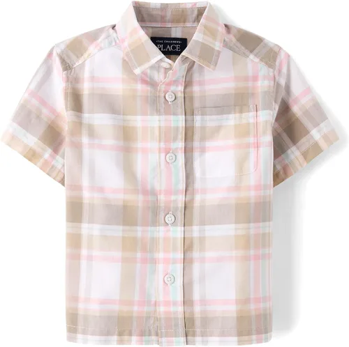 Vista 7 de The Children's Place Baby Boys' and Toddler Poplin Short Sleeve Button Down Shirt (Applemint)