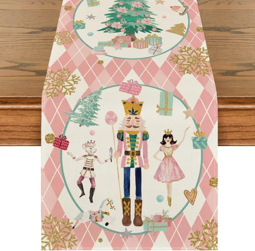 Vista 9 de Artoid Mode Camino de mesa de Navidad con diseño de cascanueces y copos de nieve con diamantes azules a cuadros, decoración estacional de invierno