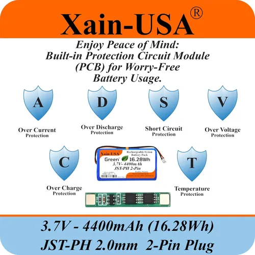 Vista 6 de Paquete de 1 batería de iones de litio de 3.7V 4400mAh con conector JST‑PH de 2 pines para electrónica, luces LED, juguetes, GPS y nodos solares