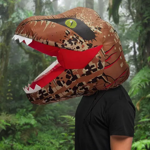 Vista 2 de Tiranosaurio realista inflable T-Rex cabeza de dinosaurio marrón, Marrón