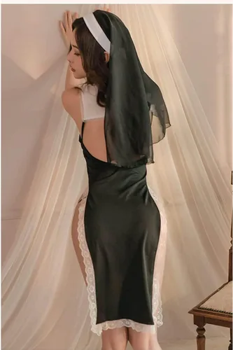 Vista 3 de Unibaby Disfraz de monja para mujer, lencería sexy de monja, vestido de fiesta de Halloween, disfraz para adultos con sombrero de monja