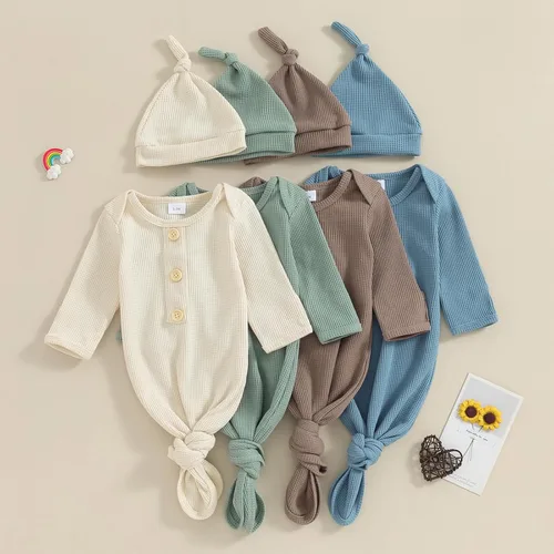 Vista 7 de BULINGNA Pijama de una pieza para bebé recién nacido, con nudo y gorro, unisex, con manoplas