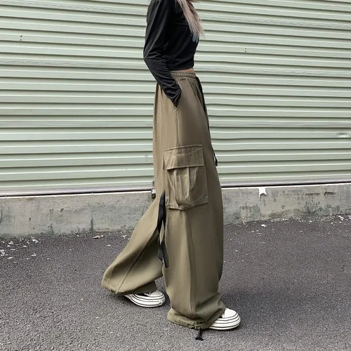 Vista 8 de Pantalones de mujer Y2k Cargo Gothic Baggy Pantalones de cintura alta Harajuku Streetwear Pantalones de paracaídas para hombre