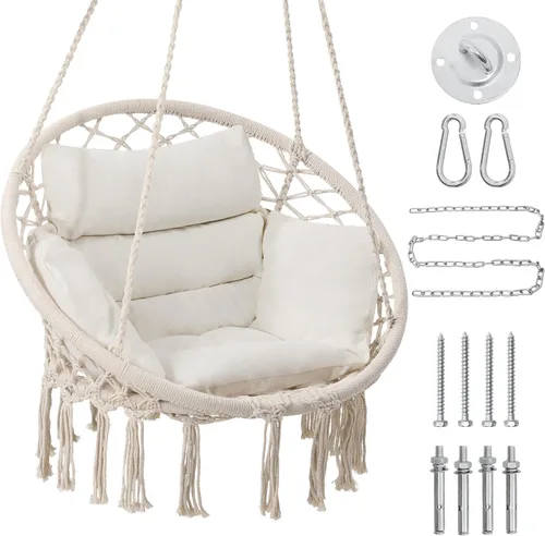 Vista 8 de KROFEM - Silla columpio de macramé, silla colgante para dormitorio, cojín grueso Gris ordinario