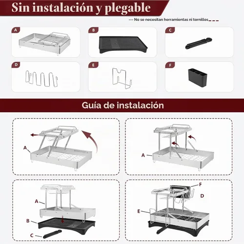 Vista 7 de Escurridor de platos, 2 niveles plegables de acero inoxidable para encimera de cocina, escurridor de platos grande multifuncional con boquilla