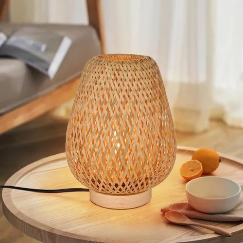 Vista 7 de Lámpara de mesa de tejido de bambú con base de madera natural hecha a mano, luz nocturna de noche para dormitorio, lámpara de escritorio retro, luz