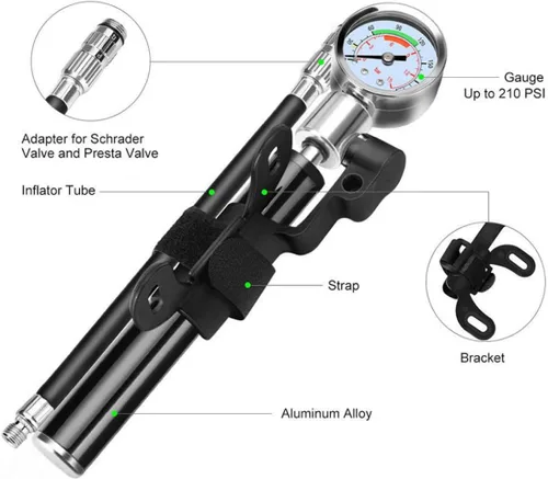 Vista 6 de Bomba portátil de alta presión para bicicletas de montaña y carretera, inflador de mano con adaptador de válvula estadounidense y francés, bomba