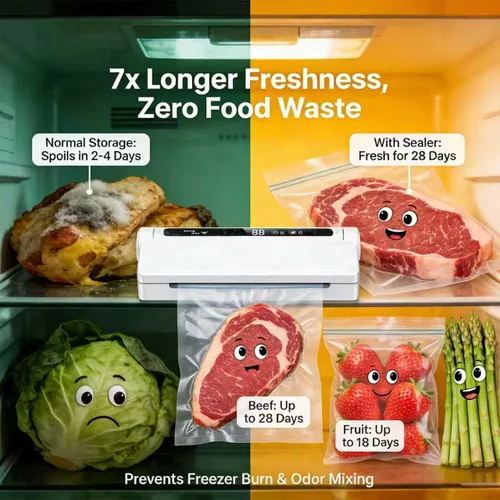 Vista 4 de Máquina selladora al vacío de alimentos, succión fuerte de 75 KPA, modos seco/húmedo, 20 bolsas incluidas, temporizador digital de cuenta regresiva