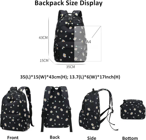 Vista 6 de Mfikaryi Daisy Prints - Mochila para niñas, para escuela secundaria Negro
