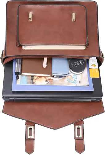 Vista 4 de ECOSUSI Mochila para mujer, maletín para computadora portátil, de cuero vegano, bolsas de trabajo para portátiles de 15.6 pulgadas, color café, 15,6