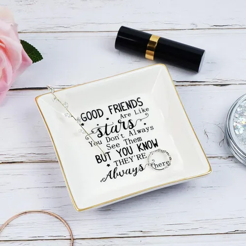 Vista 2 de NatuBeau Regalos para amigas para mujeres, plato de cerámica para anillos con texto en inglés "Good Friends are Like Stars", bandeja de joyería