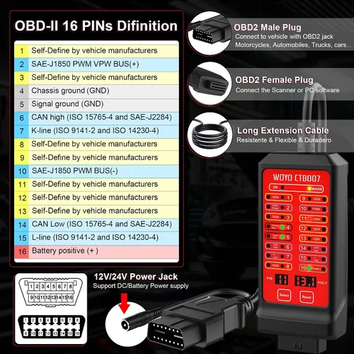 Vista 7 de Caja de ruptura OBD2, WOYO CTB007 12V/24V CAN Tester Box con cable de extensión OBD de 27 pulgadas, voltaje VPP digital de 16 pines, herramienta