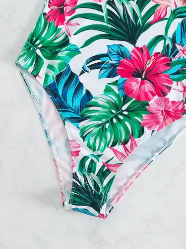 Vista 5 de WDIRARA Traje de baño de una pieza con estampado tropical y volantes para mujer