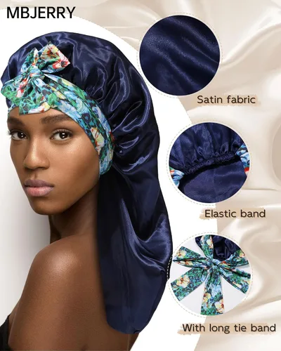 Vista 3 de Gorro largo de satén para trenzas, capó de seda para dormir, banda elástica para mujeres negras, cabello rizado