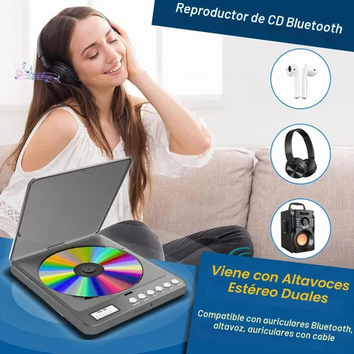 Vista 2 de Reproductor de CD portátil con Bluetooth y transmisor FM, reproductores de CD Bluetooth recargables de 2000 mAh con altavoces, conector