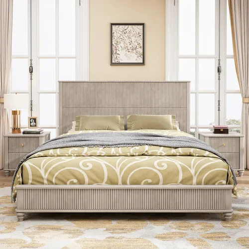 Vista 13 de Conjunto de dormitorio de 4 piezas estilo granja, cama plataforma tamaño queen con 2 mesitas de noche y almacenamiento de 5 cajones, estructura