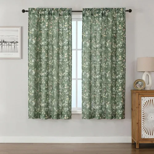 Vista 24 de Chyhomenyc Cortinas de mezcla de lino de 63 pulgadas de largo, 2 paneles de cortina con estampado floral filtrante de luz para sala de estar