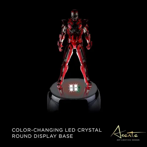Vista 4 de Base de exhibición redonda de cristal de 4 LED con parte superior de espejo, soporte iluminado para arte de cristal, base de luz LED de 3 pulgadas