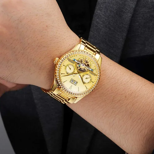 Vista 5 de Mens tourbillon Multifunction Calendar Sapphire Full Gold Automatic Waterproof Watches