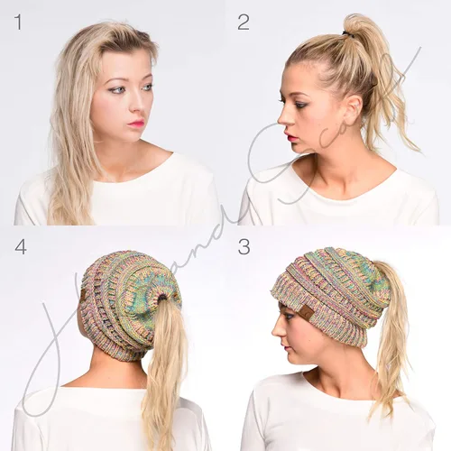 Vista 4 de C.C Exclusives - Gorro de invierno para mujer con agujero para coleta o moño, gorro beanie para mujer (MB-20A)