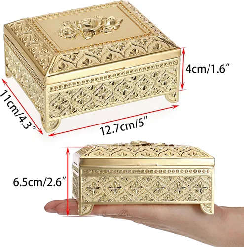 Vista 6 de Hipiwe Caja de joyería de metal vintage, caja de almacenamiento de baratijas, caja rectangular para cofre del tesoro, aretes, anillo, collar