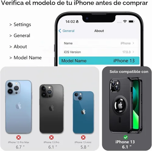Vista 2 de Funda magnética para iPhone 13, compatible con MagSafe, protección contra caídas de grado militar, antideslizante, a prueba de golpes de 13 pies